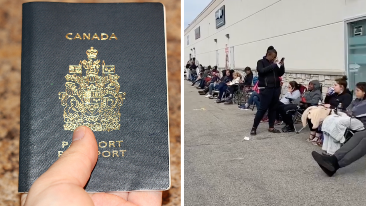 Un passeport canadien. Droite : La file interminable du bureau de Laval.