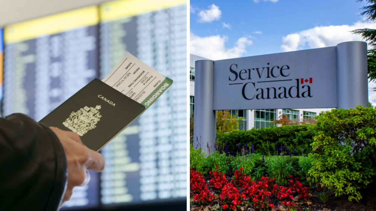 Un passeport canadien. Droite : Service Canada.