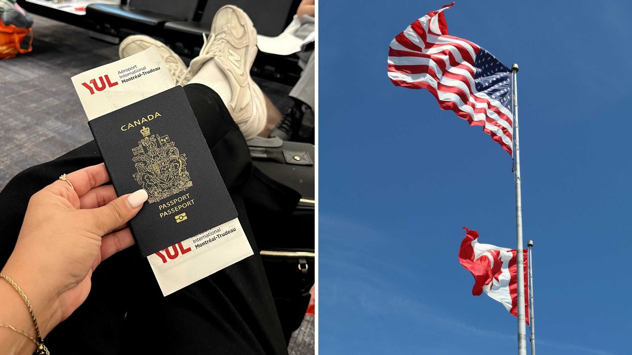 Un passeport canadien. Droite : un drapeau américain et canadien.