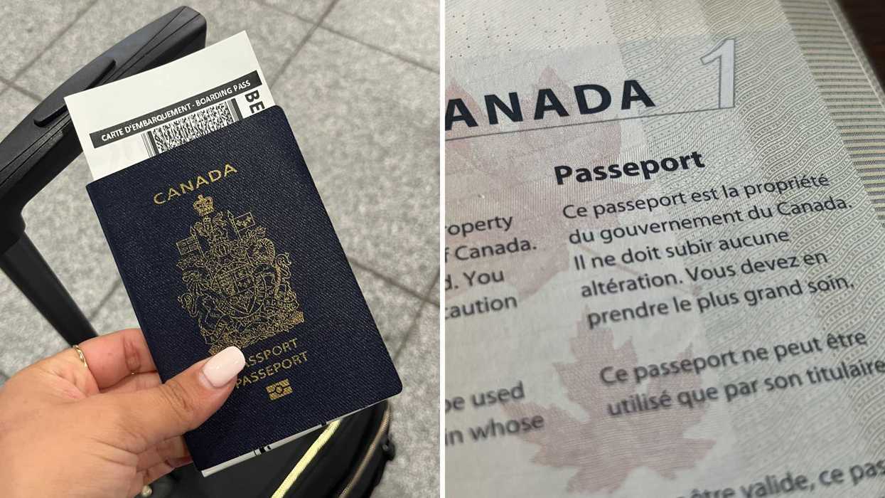 Un passeport. Droite : l’intérieur du passeport.