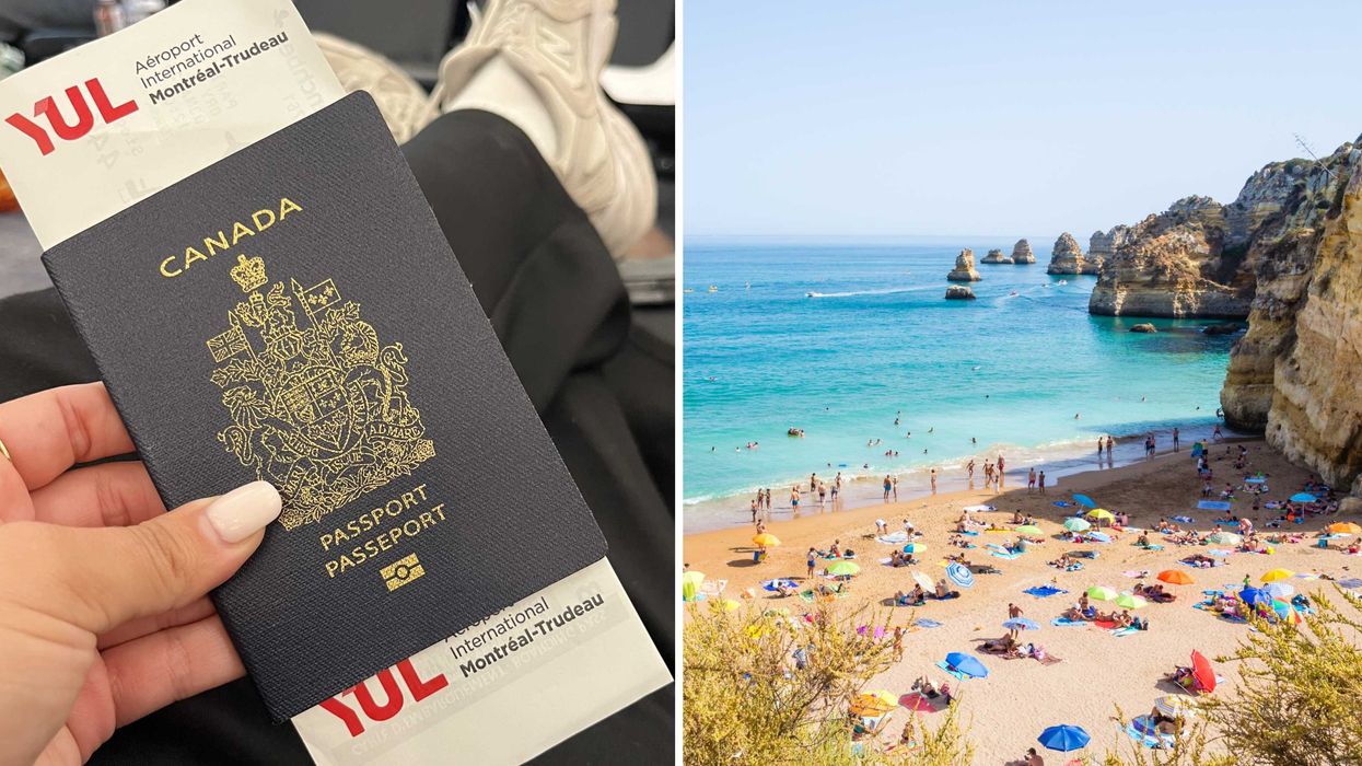 Un passeport. Droite : une plage.