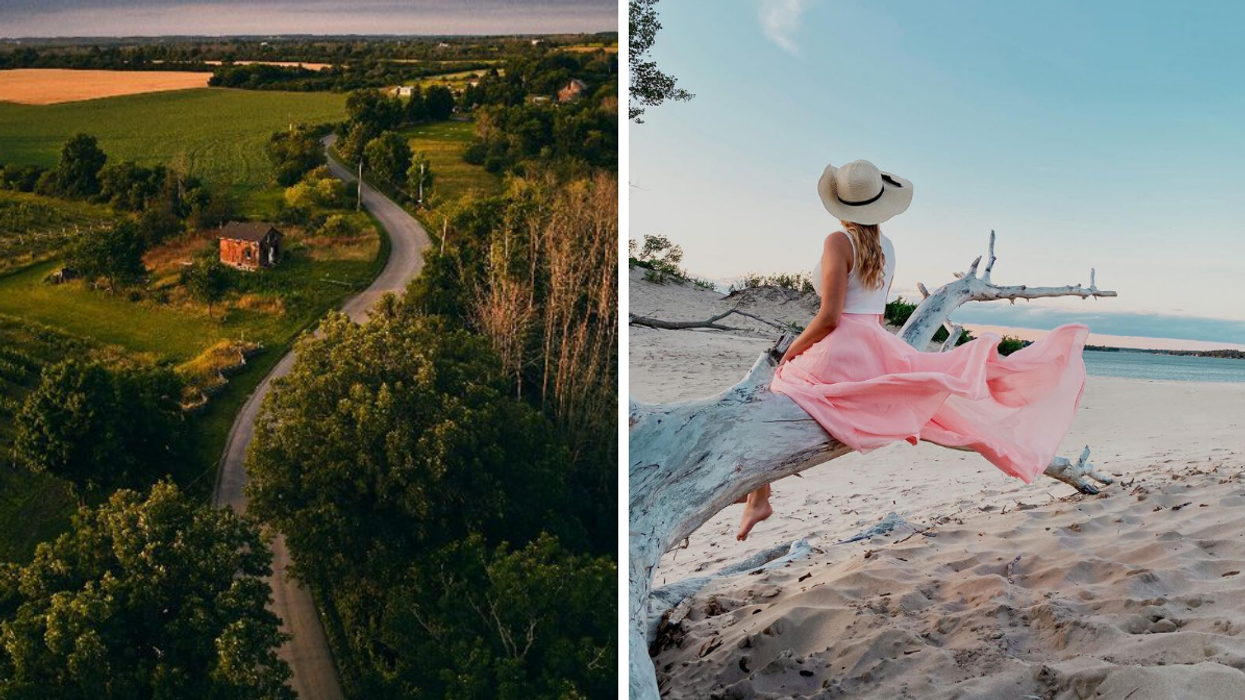 Un paysage de l'Ontario. Droite : Une personne au bord de la plage.