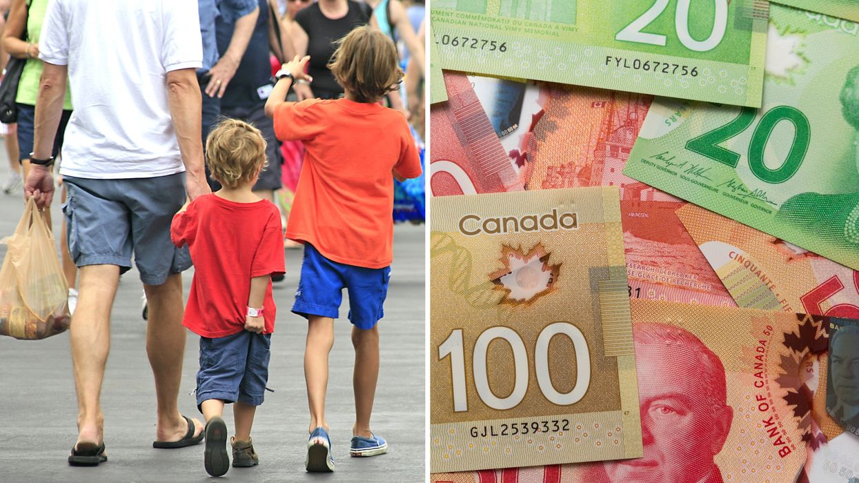 Un père et deux enfants. Droite : de l'argent canadien.