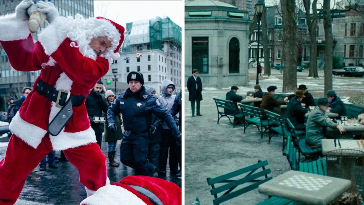 Un Père Noël en attaque un autre dans une scène de film à Montréal. Droite : Des tables d'échecs au carré Saint-Louis pour le tournage d'un film à Montréal.
