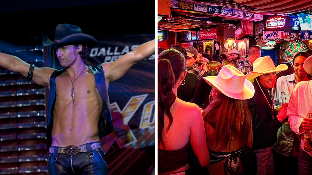 Un personnage de Magic Mike en cowboy. Droite : La foule du Spaghetti Western.