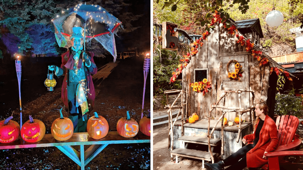 Un personnage déguisé pour l'Halloween. Droite : Une personne dans un décor d'automne.