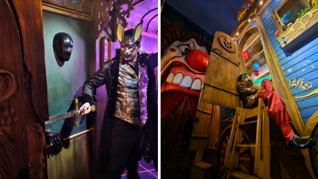Un personnage du jeu d'évasion Cirque Magnifico à Laval. Droite : Le décor du jeu d'évasion Cirque Magnifico d'Escaparium Laval.