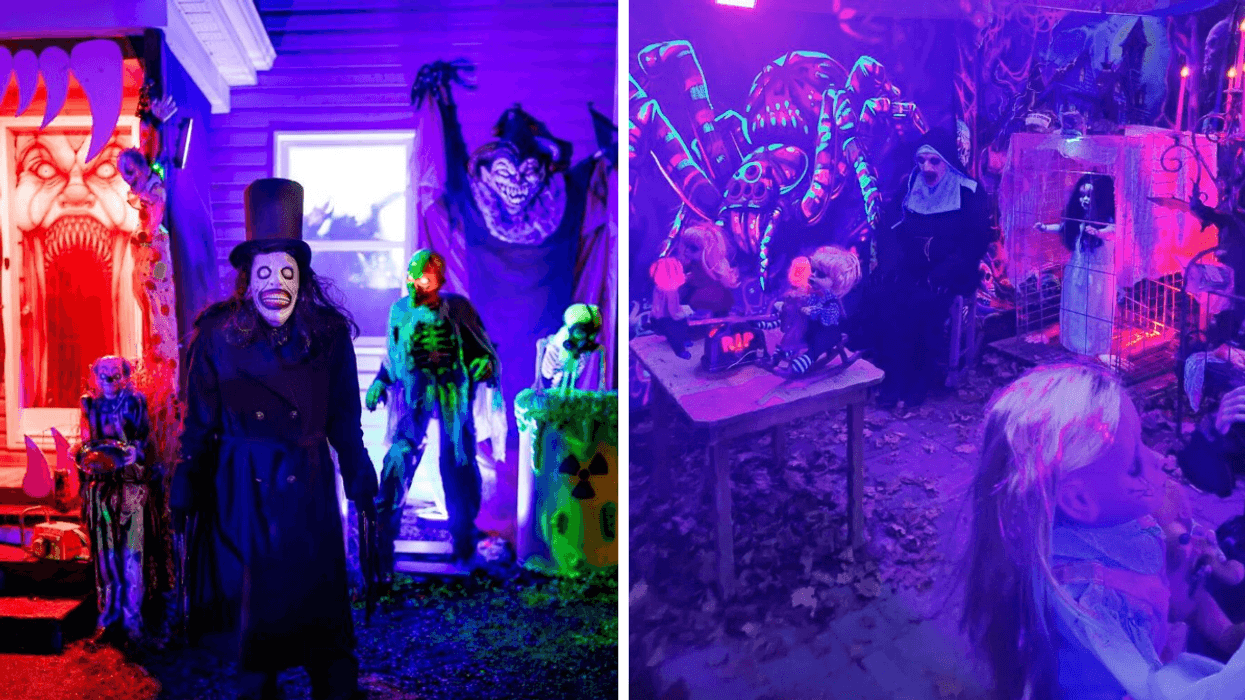 Un personnage monstrueux devant une maison hantée pour l'Halloween. Droite : Les décors d'une maison hantée.