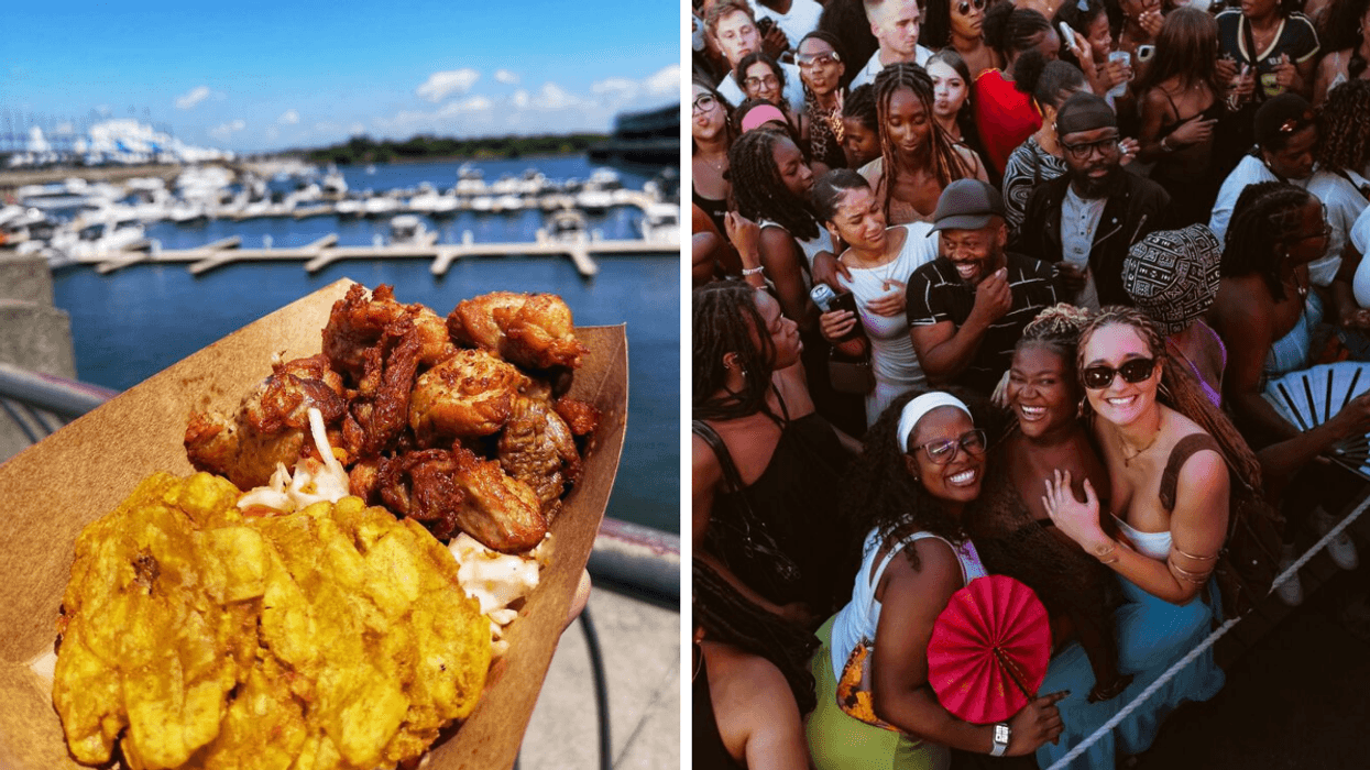 Un plat de nourriture devant le fleuve au Vieux-Port de Montréal. Droite : La foule au Village au Pied-du-Courant.