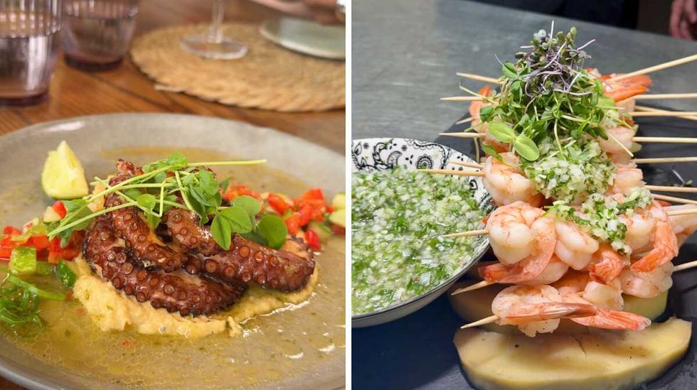 Un plat de pieuvre. Droite : un plat de crevettes