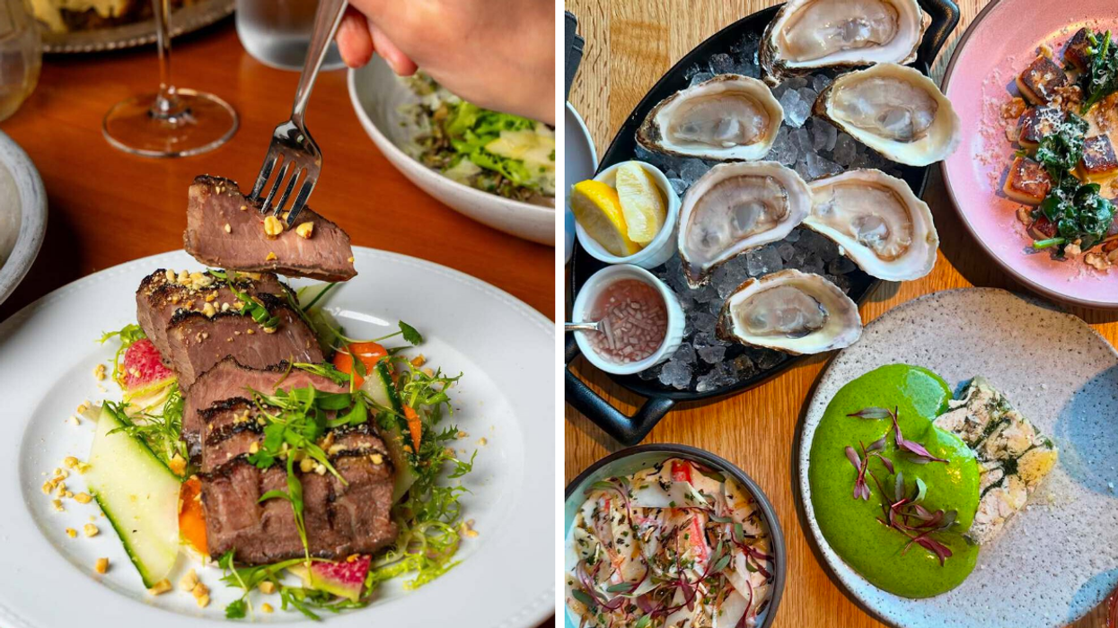 Un plat du restaurant Cadet de la liste Bib Goumand MICHELIN. Droite : Des assiettes du Annette Bar à Vin.