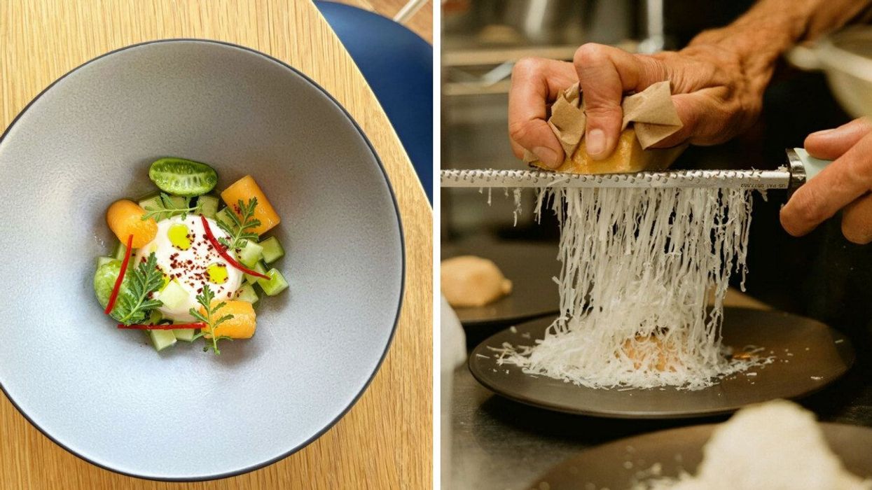 Un plat du Sabayon. Droite : Du fromage se fait râper sur un plat.