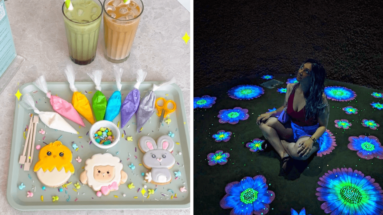 Un plateau de biscuits avec glaçage pour une activité. Droite : Une personne à l'Insectarium de Montréal.