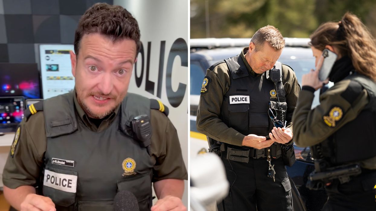 Un policier de la SQ. Droite : des policiers de la SQ.