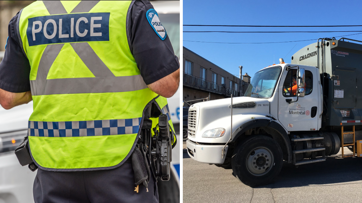 Un policier du SPVM. Droite : Un camion de poubelles.