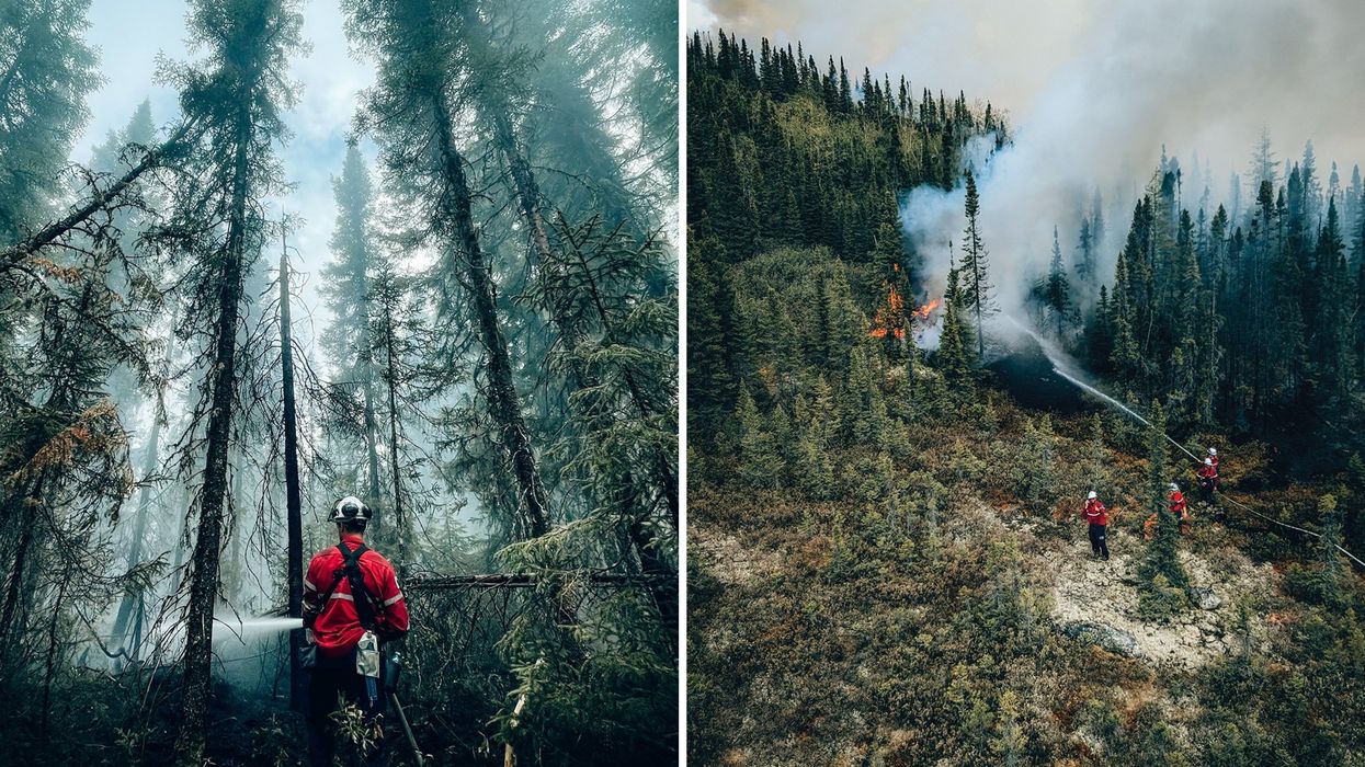 Un pompier de la SOPFEU. Droite : Des pompiers de la SOPFEU qui éteignent un incendie.