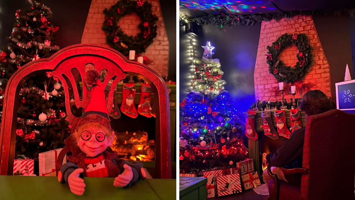 Un poupée d'un lutin dans la salle « La magie de Noël » d’Amédaka Évasion. Droite : La salle « La magie de Noël » d’Amédaka Évasion