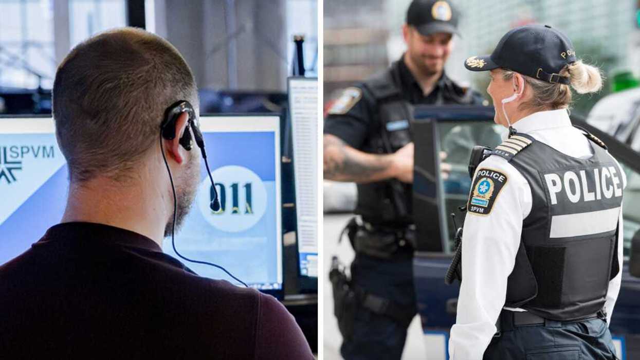 Un préposé aux communications d’urgence à la Centrale 911 de Montréal. Droite : Police de Montréal à l'emploi.