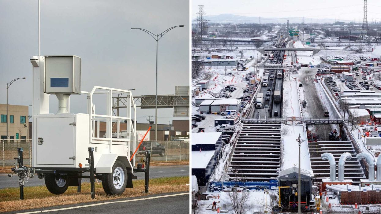 Un radar photo. Droite : le tunnel Louis-H.-La Fontaine.