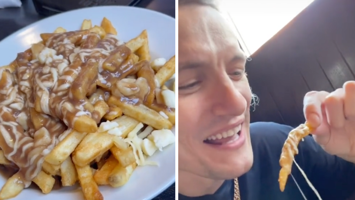 Un réfugié Ukrainien goûte la poutine pour la première fois.
