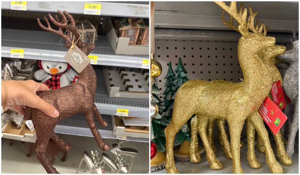 Un renne de de No\u00ebl scintillant brun au Walmart. Droite : Un renne de de No\u00ebl scintillant dor\u00e9 au Dollarama.
