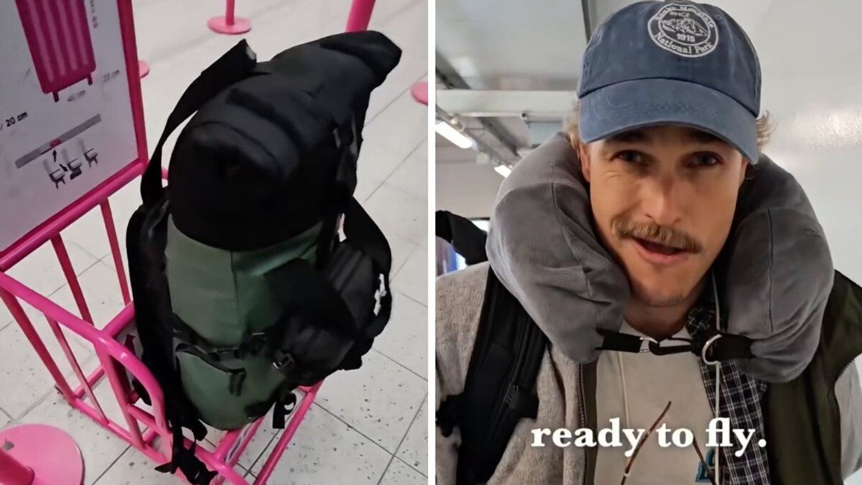 Un sac à dos dans un casier de taille à l'aéroport. Droite : Konrad Benjamin, mieux connu sous le nom de Punter’s Politics.