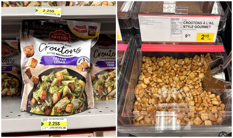 Un sac de cro\u00fbtons sur une tablette du Dollarama. Droite : Les cro\u00fbtons en vrac du Bulk Barn.