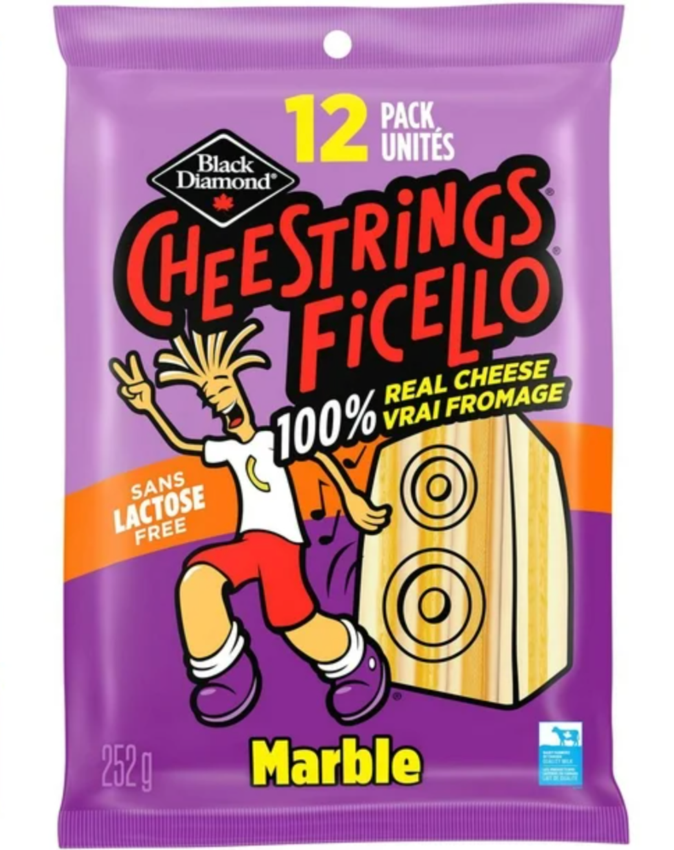 Un sac de fromages Ficello Black Diamond sur fond blanc.