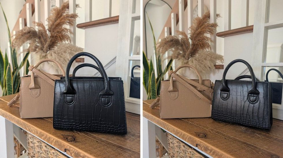 Un sac \u00e0 main beige et un sac \u00e0 main noir sur un meuble dans le d\u00e9cor d'une maison. Droite : un sac \u00e0 main beige et un sac \u00e0 main noir sur un meuble dans le d\u00e9cor d'une maison.