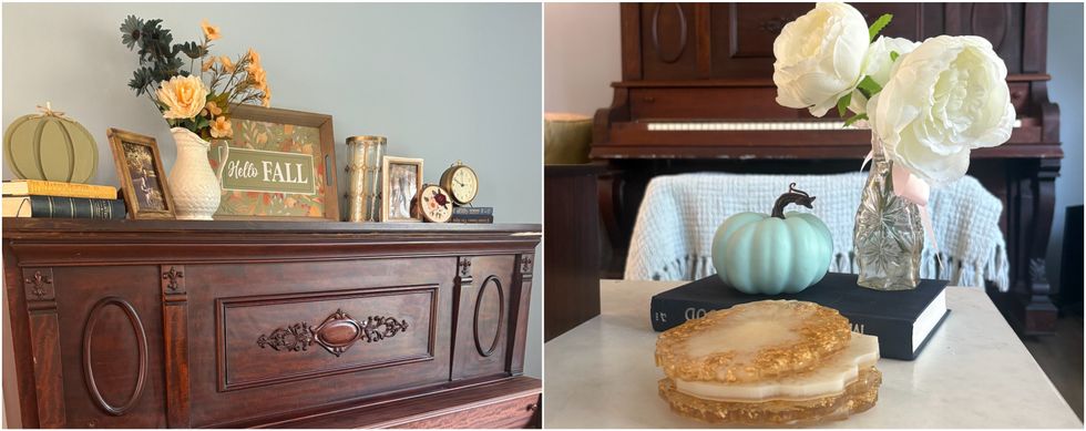 Un salon d\u00e9cor\u00e9 avec des articles d'automne du dollarama.