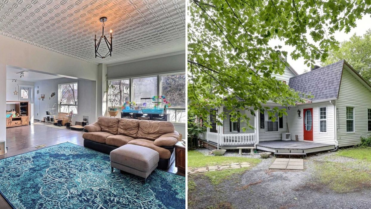 Un salon. Droite : la devanture d'une maison.