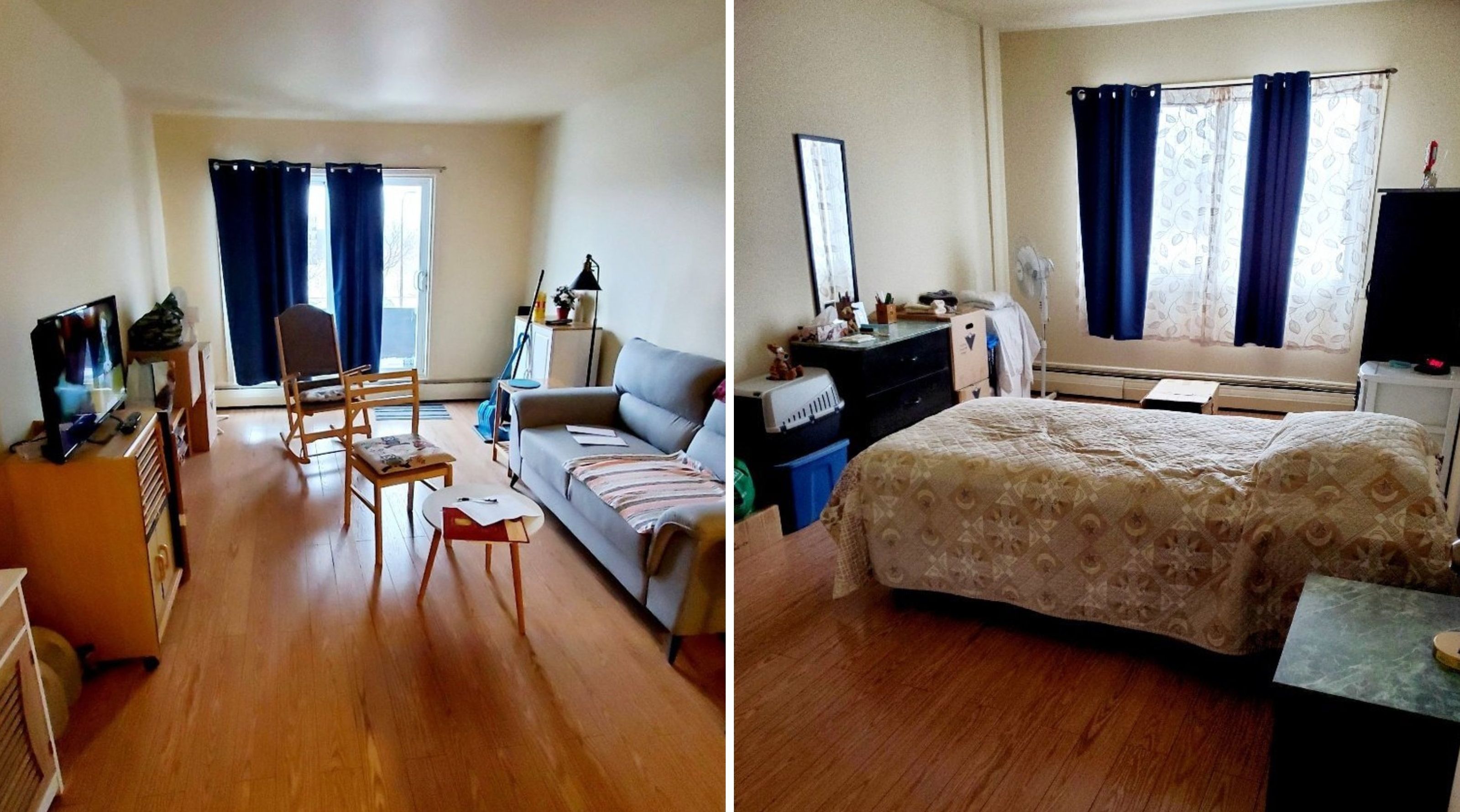 Un salon. \u00c0 droite : une chambre \u00e0 coucher.