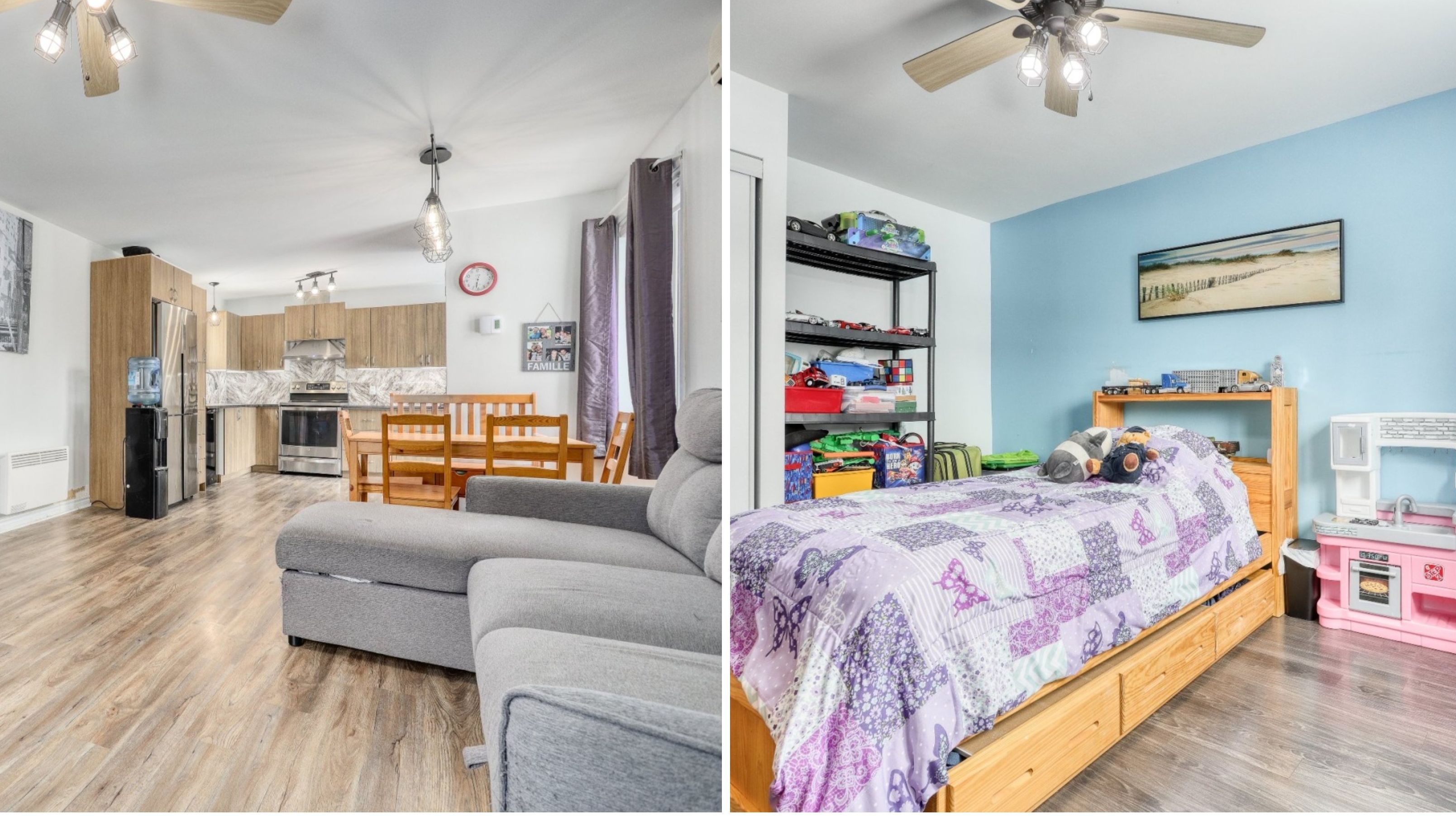 Un salon. \u00c0 droite : une chambre \u00e0 coucher.