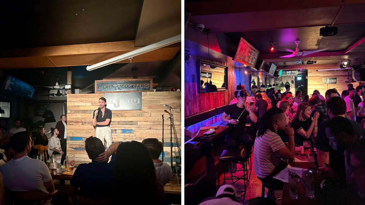 Un spectacle d'humour devant public lors des soirées Match-moi MTL. Droite : Les célibataires des soirées de rencontre Match-moi MTL.