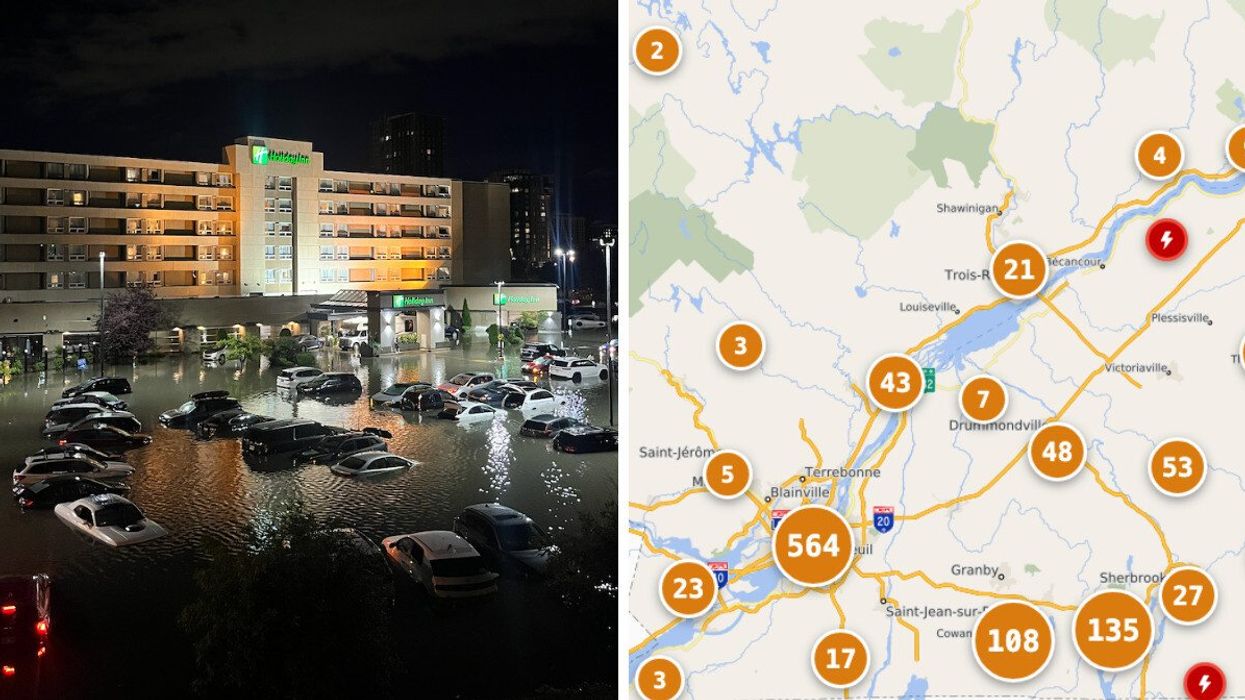 Un stationnement inondé à Laval. Droite : La carte géographique des pannes d'Hydro-Québec.