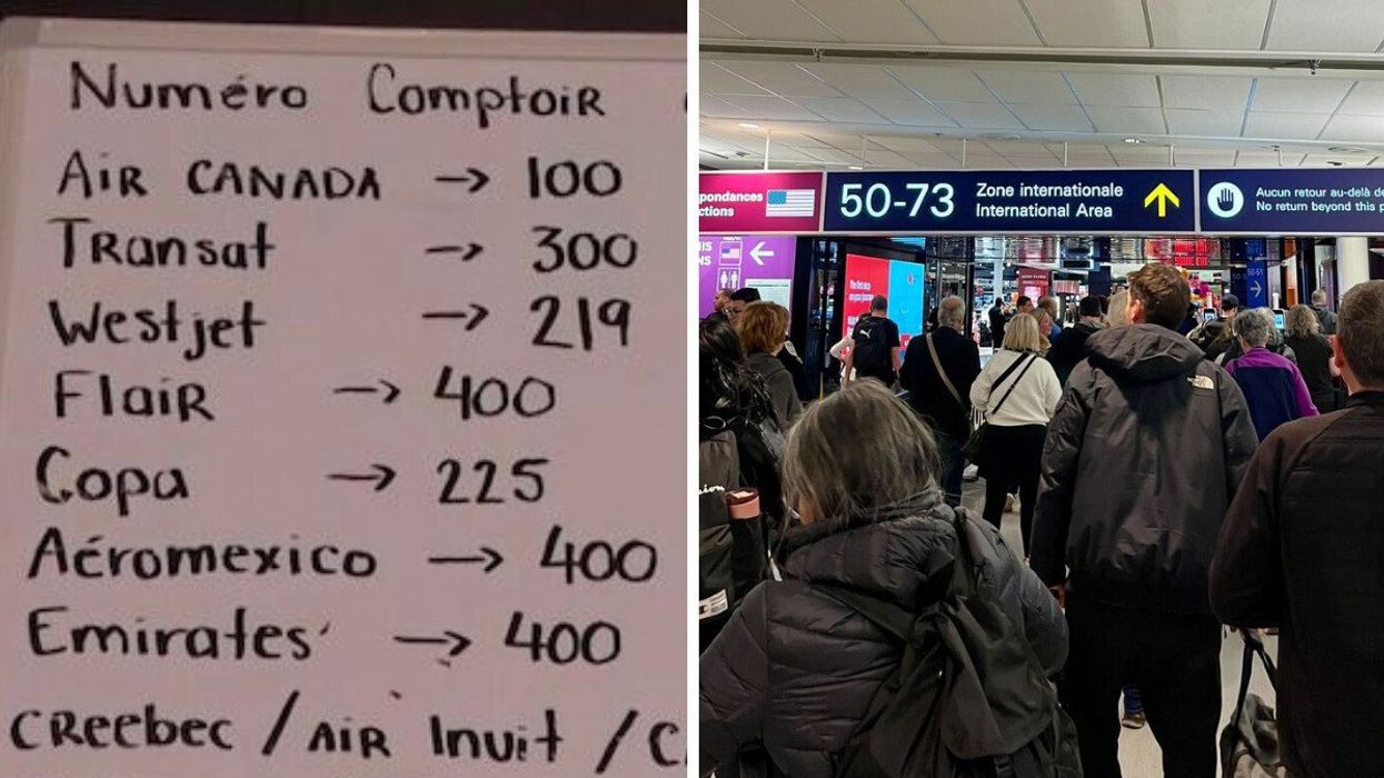 Un tableau écrit à la main lors de la panne à l'aéroport de Montréal. Droite : Des voyageurs à l'aéroport de Montréal.