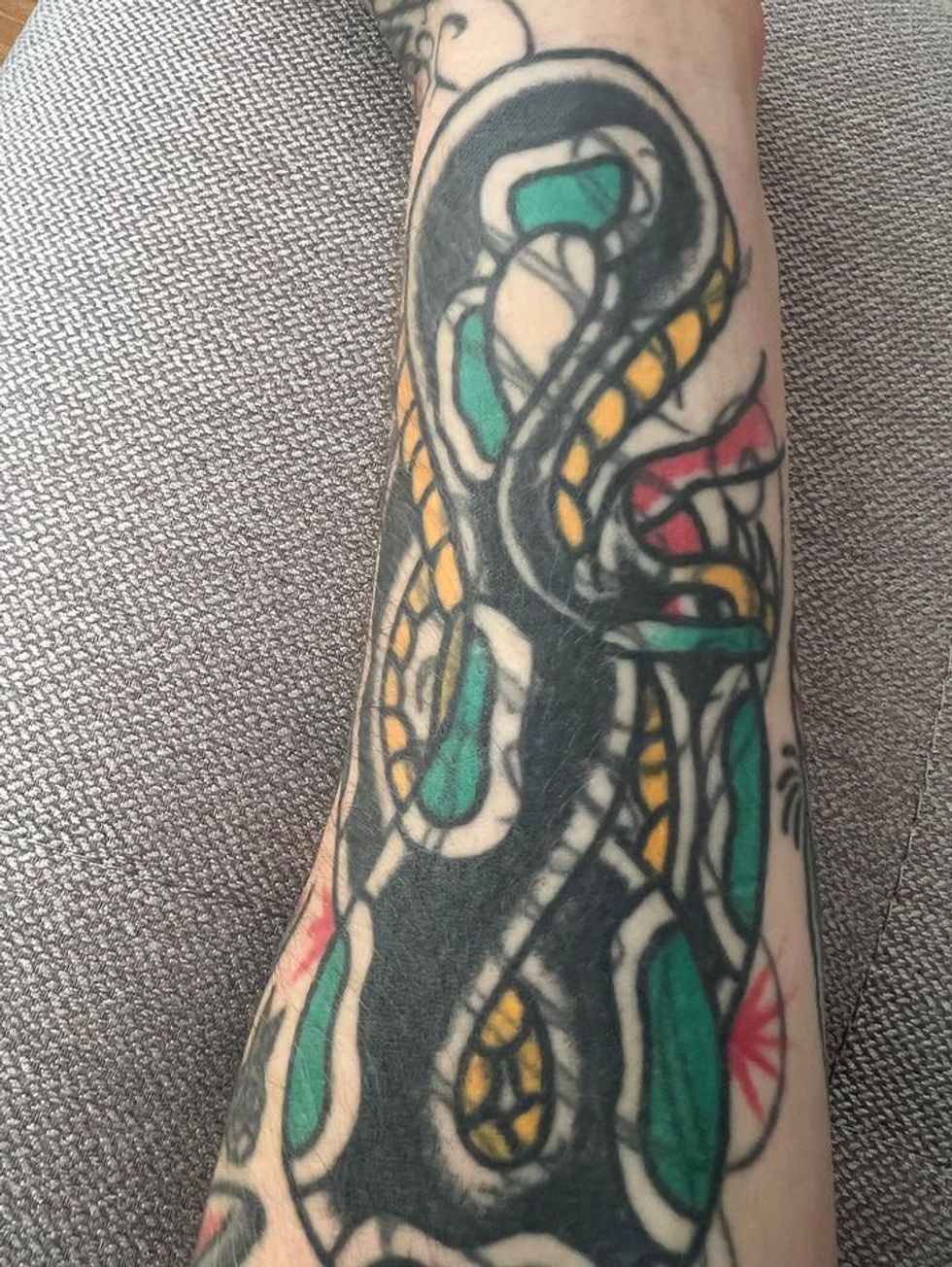 Un tattoo \u00ab blast over \u00bb de serpent en couleurs sur un avant-bras.