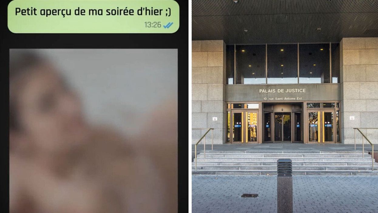 Un texto où il est écrit Petit aperçu de ma soirée d'hier ;) avec une photo floue d'une femme nue. Droite : le palais de justice de Montréal.