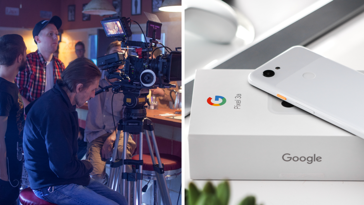 Un tournage. Droite : Un téléphone Google Pixel.