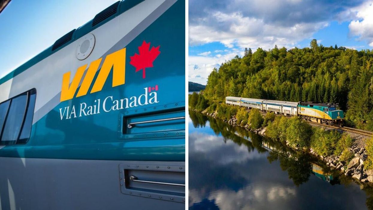 Un train arborant le logo de VIA Rail. Droite : un train de VIA Rail traverse une forêt.