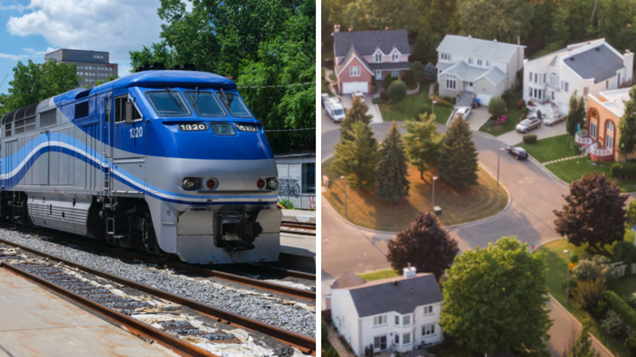 Un train de banlieue dans le Grand Montréal. Droite : Des maisons dans le Grand Montréal.