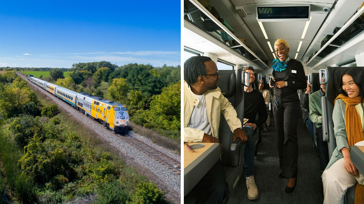 Un train de VIA Rail en chemin. Droite : Une agente aux services chez VIA Rail.