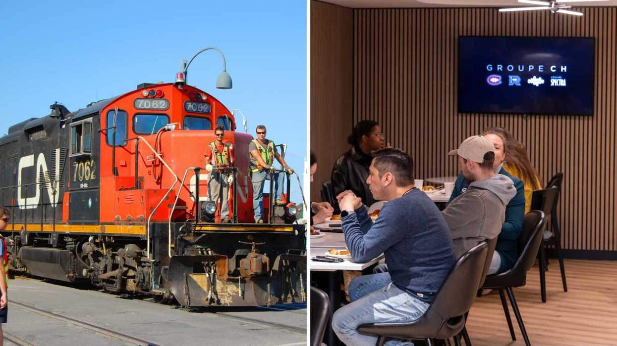 Un train du CN. Droite : des employés du Groupe CH.