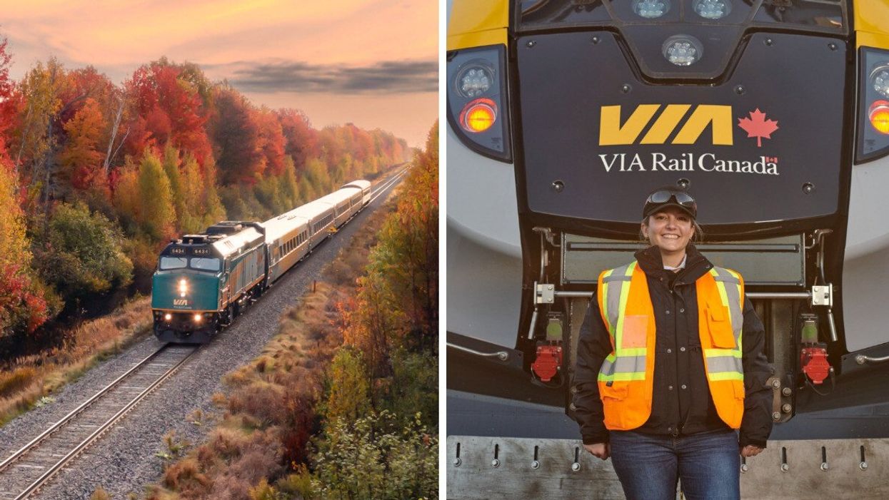 Un train VIA Rail. Droite : Une femme devant un train VIA Rail.