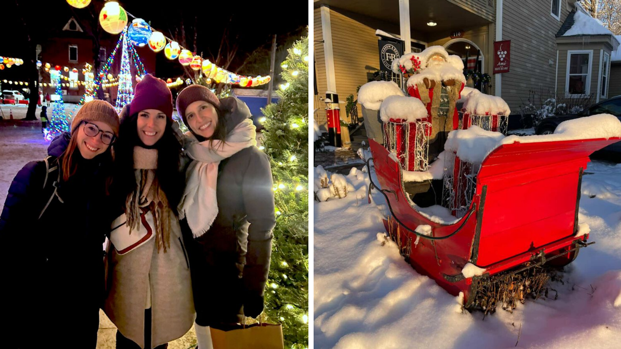 Un trio à Knowlton. Droite : Des décorations de Noël à Knowlton au Québec.