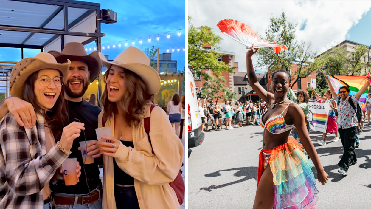 Un trio à la soirée Lasso de l'Aire Commune. Droite : Une personne au défilé de Fierté Montréal.