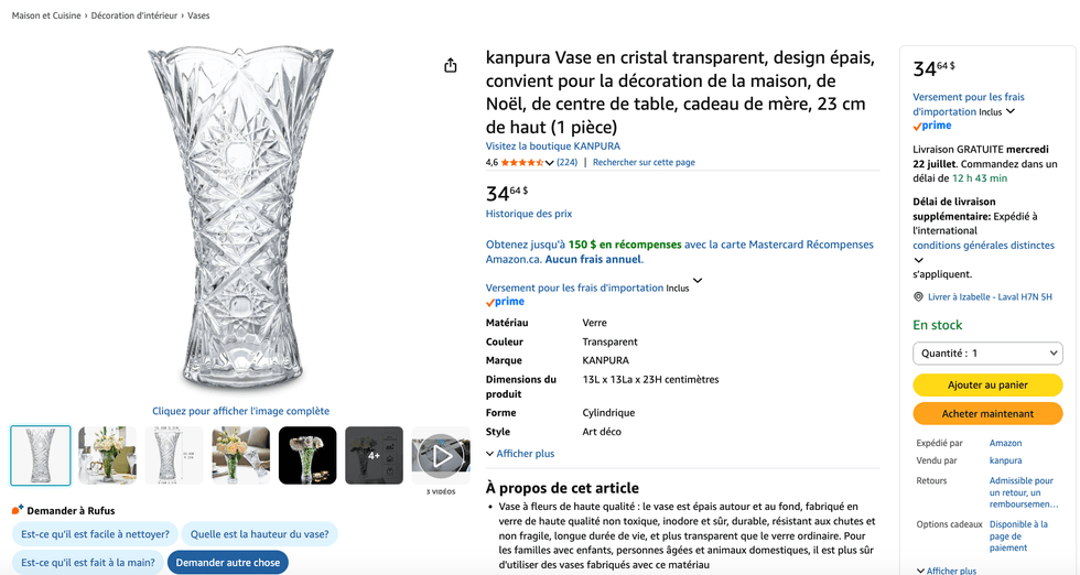 Un vase vendu pr\u00e8s de 35 $ sur le site d'Amazon Canada.