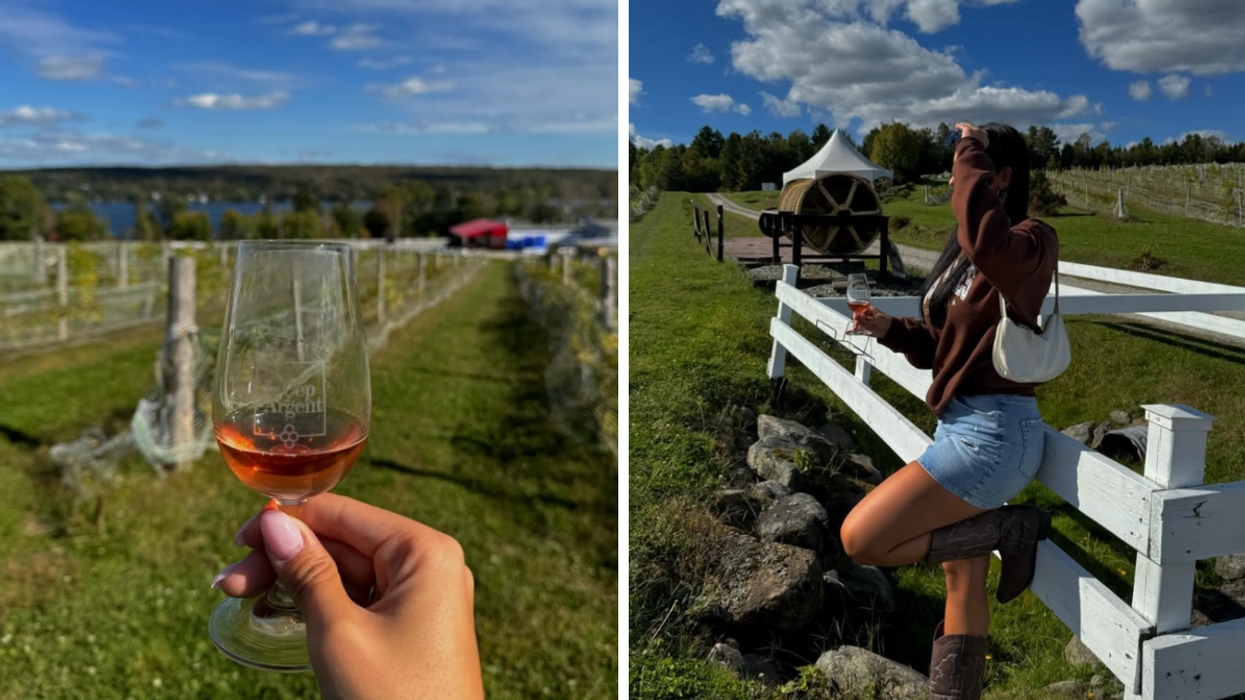Un verre de vin. Droite : Une personne dans un vignoble du Québec.