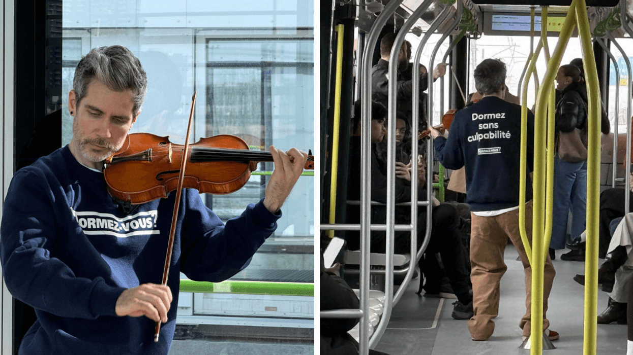 Un violoniste joue une berceuse à bord du REM.