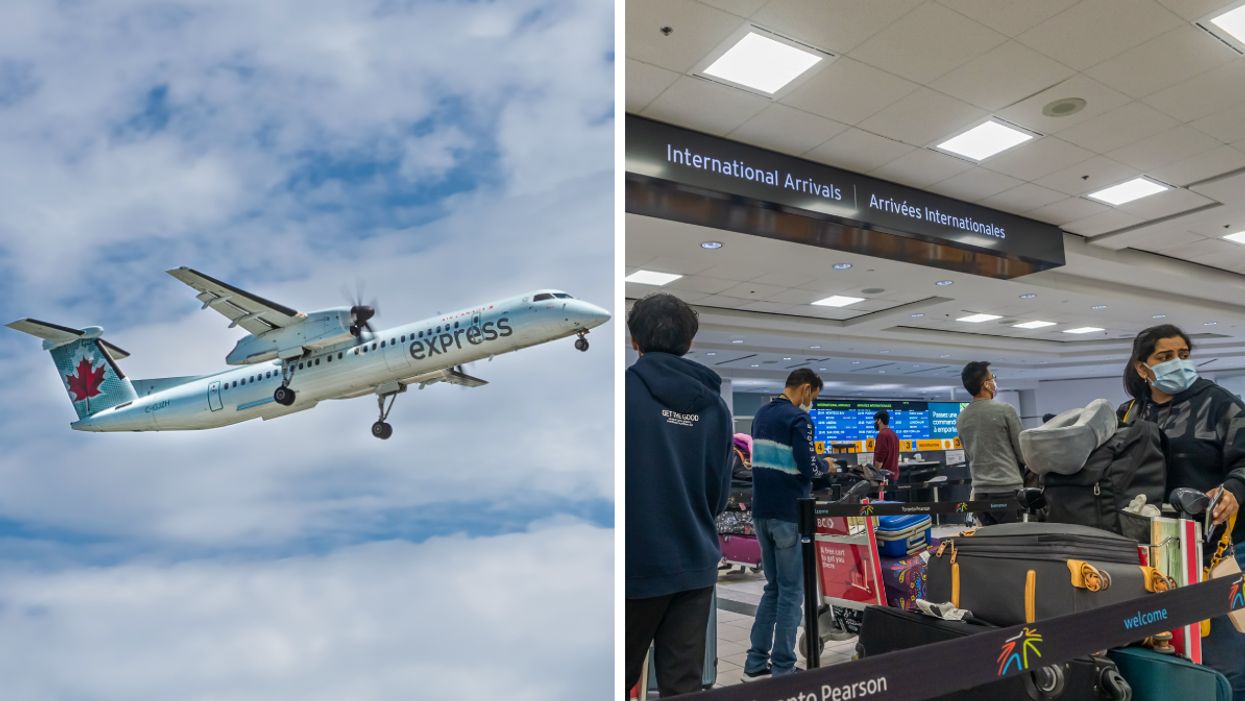 Un vol Air Canada. Droite : Des voyageurs avec des bagages à Toronto.